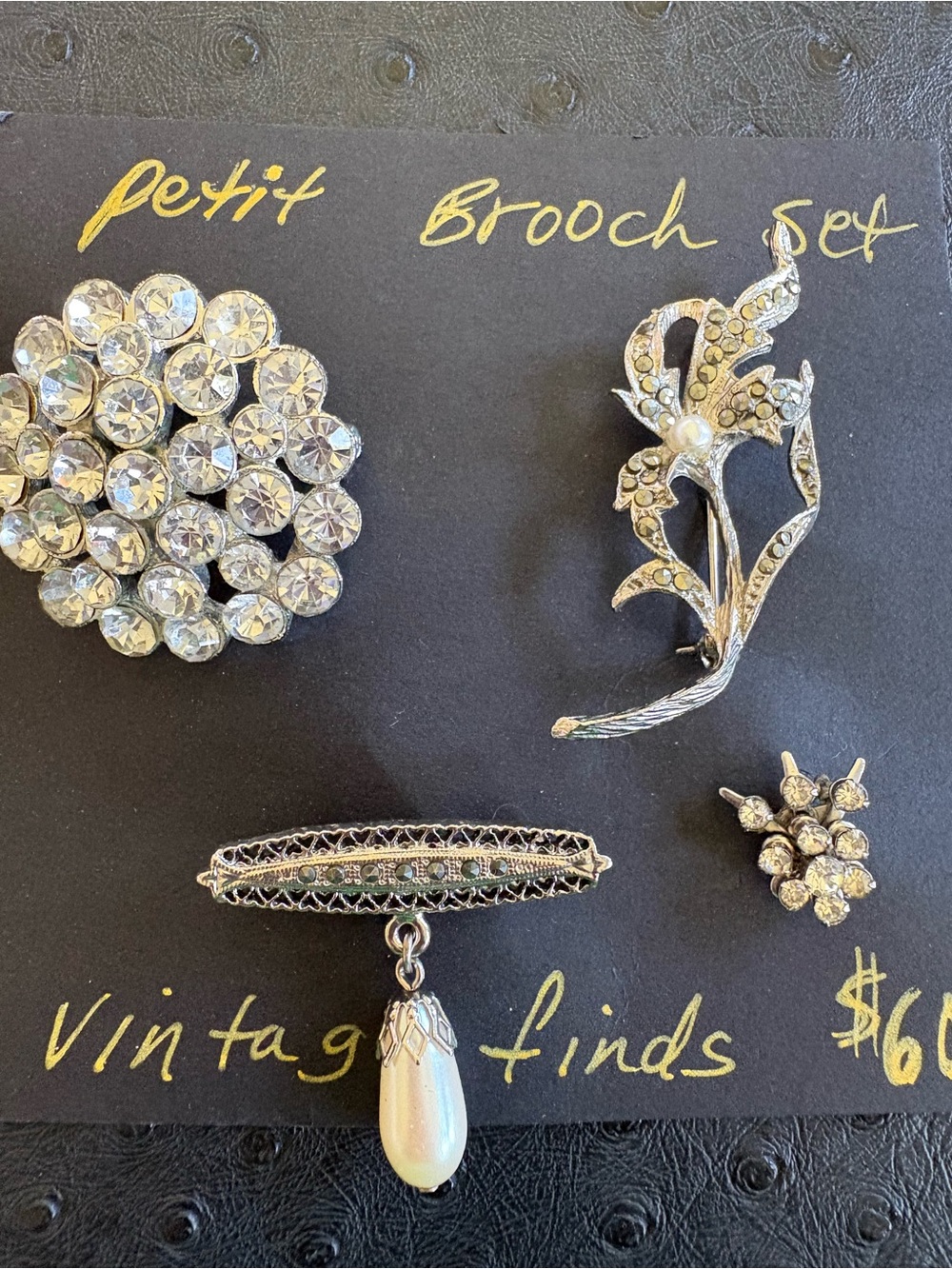 Vintage Rhinestone Brooch Set - Clear Crystal & Faux Pearl